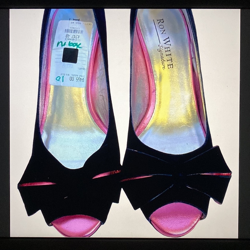 Ron White Gorgeous Black Suede Shimmering Pink Bow Shoes Made in Italy 🇮🇹